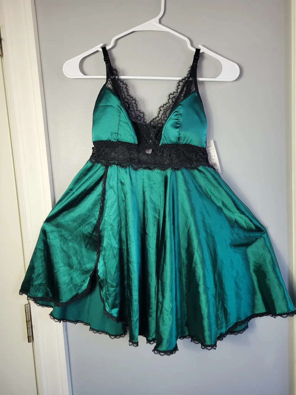 Emerald Satin & Black Lace Babydoll Chemise